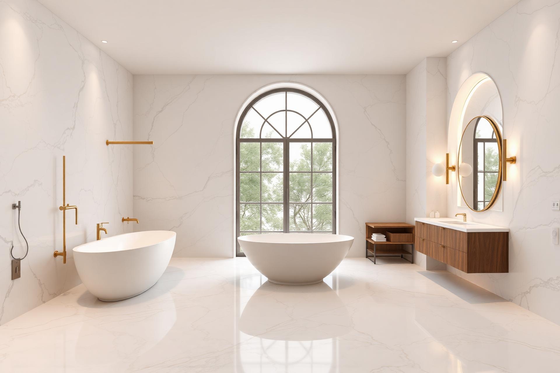 Luxury marble bathroom with gold fittings and arched window